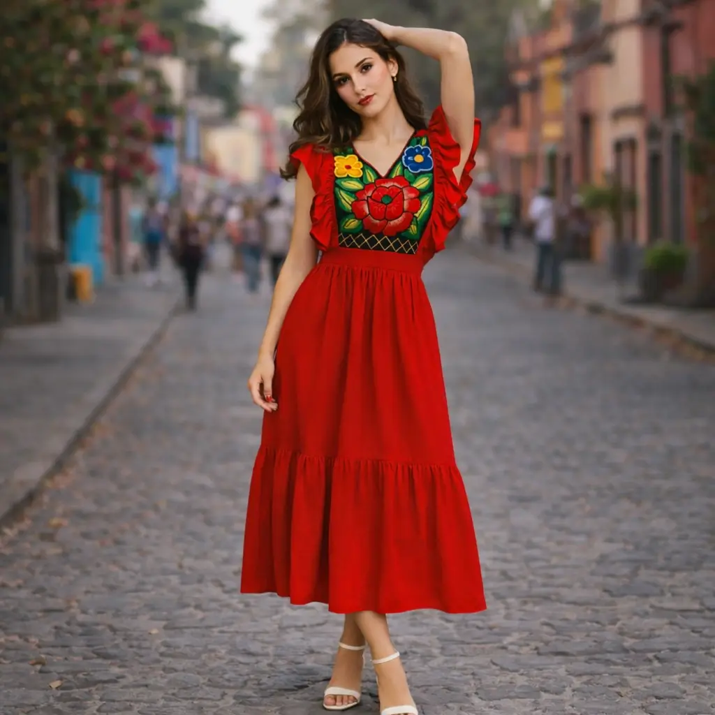 Vestido “Rosa del Istmo” – Artesanal con Bordado Tradicional (Grande)