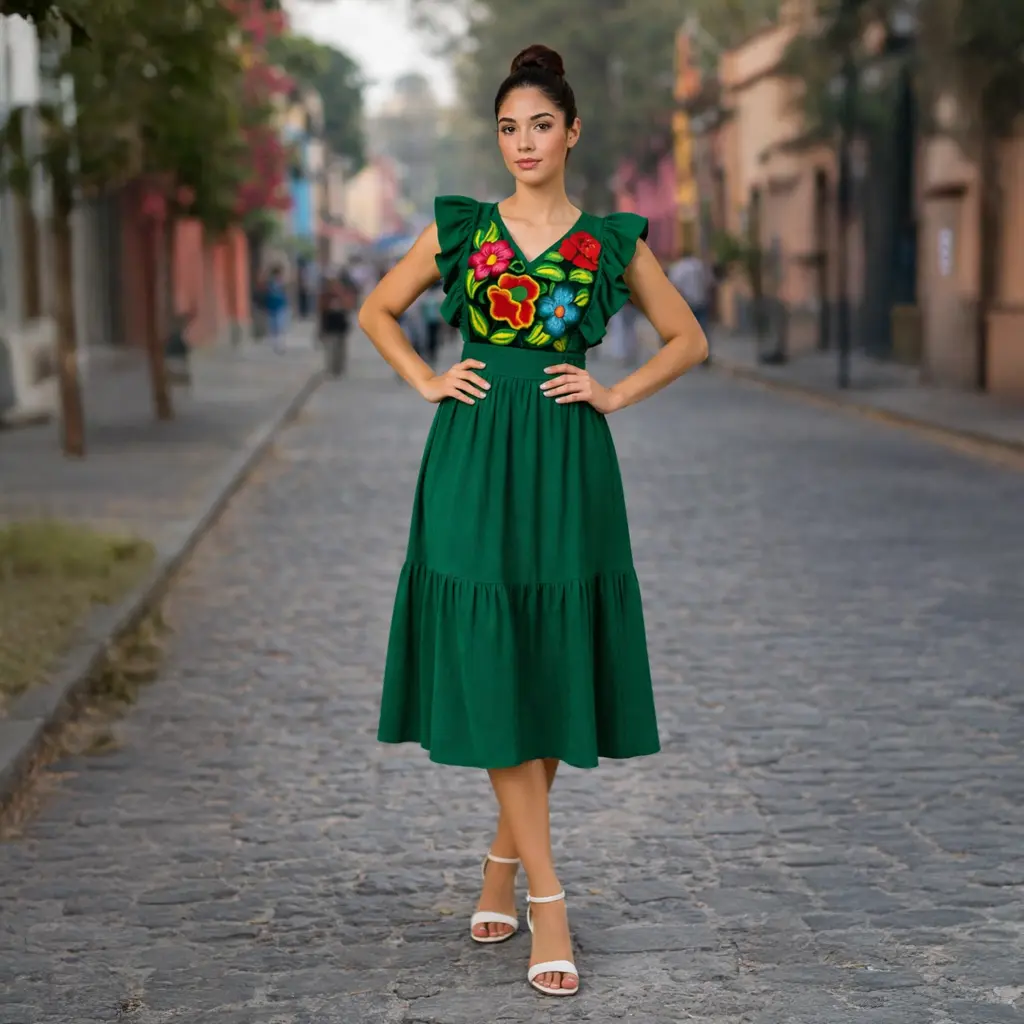 Vestido “Jade Florido” – Artesanal con Bordado Tradicional (Grande)