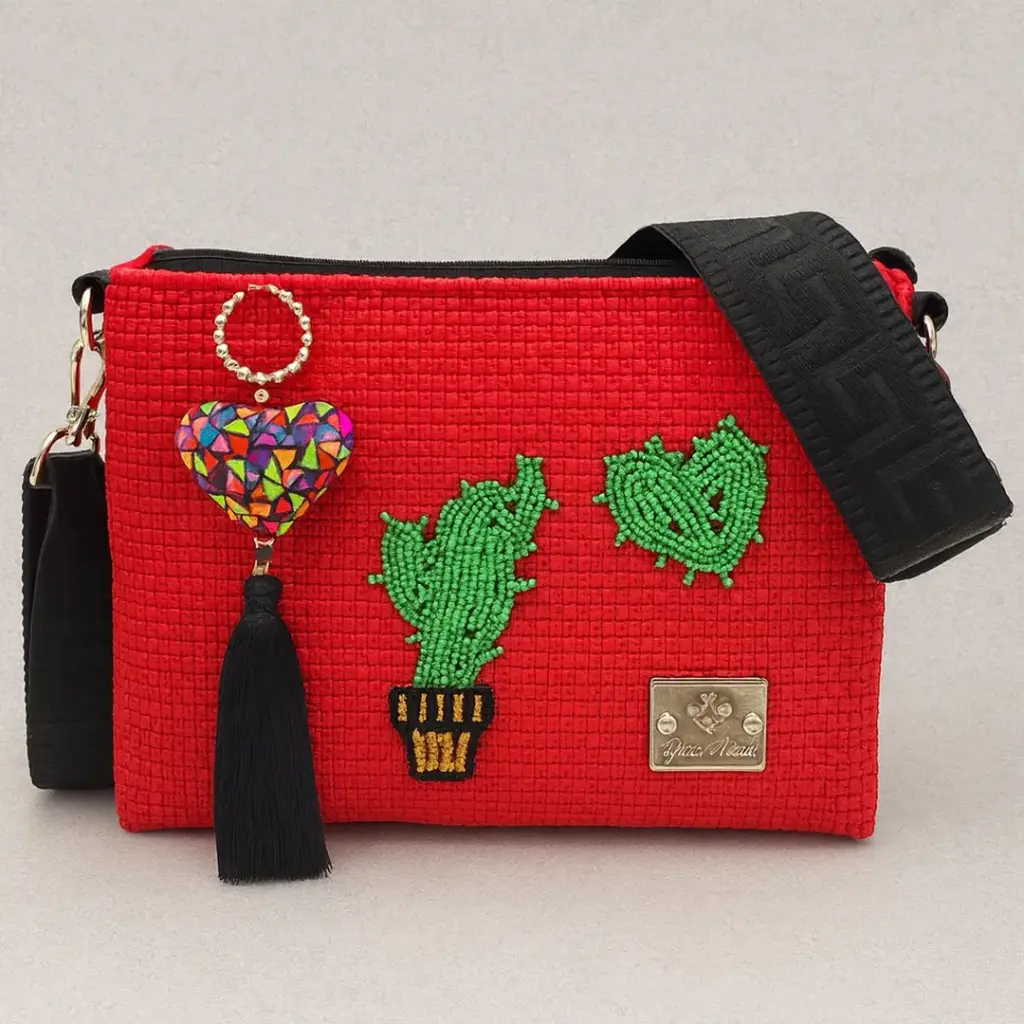 Bolsa Artesanal Yitin Ánuá – Cactus Verdes en Rojo (Crossbody)