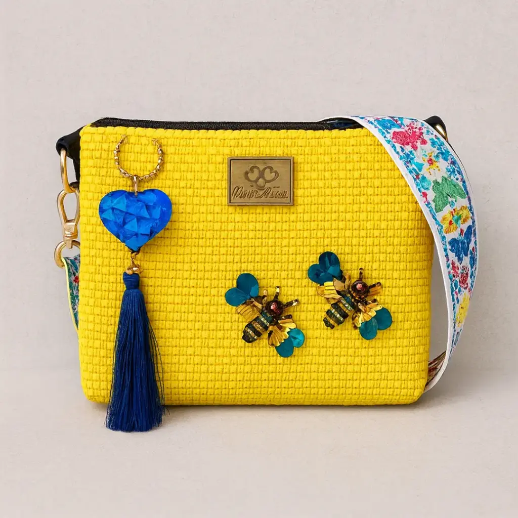 Bolsa Artesanal Yitin Ánuá – Abejas Turquesa en Amarillo (Crossbody)