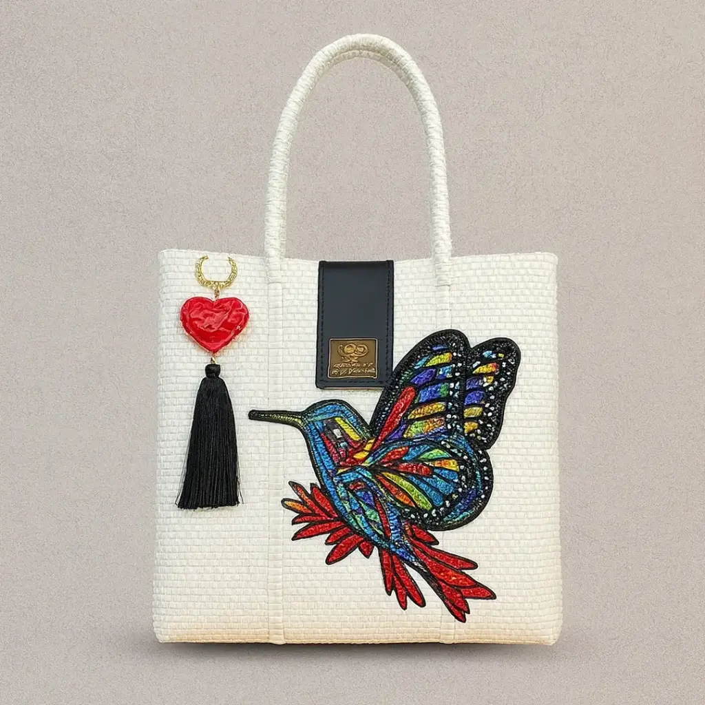Bolsa Artesanal Yitin Ánuá – Colibrí Vitral en Blanco