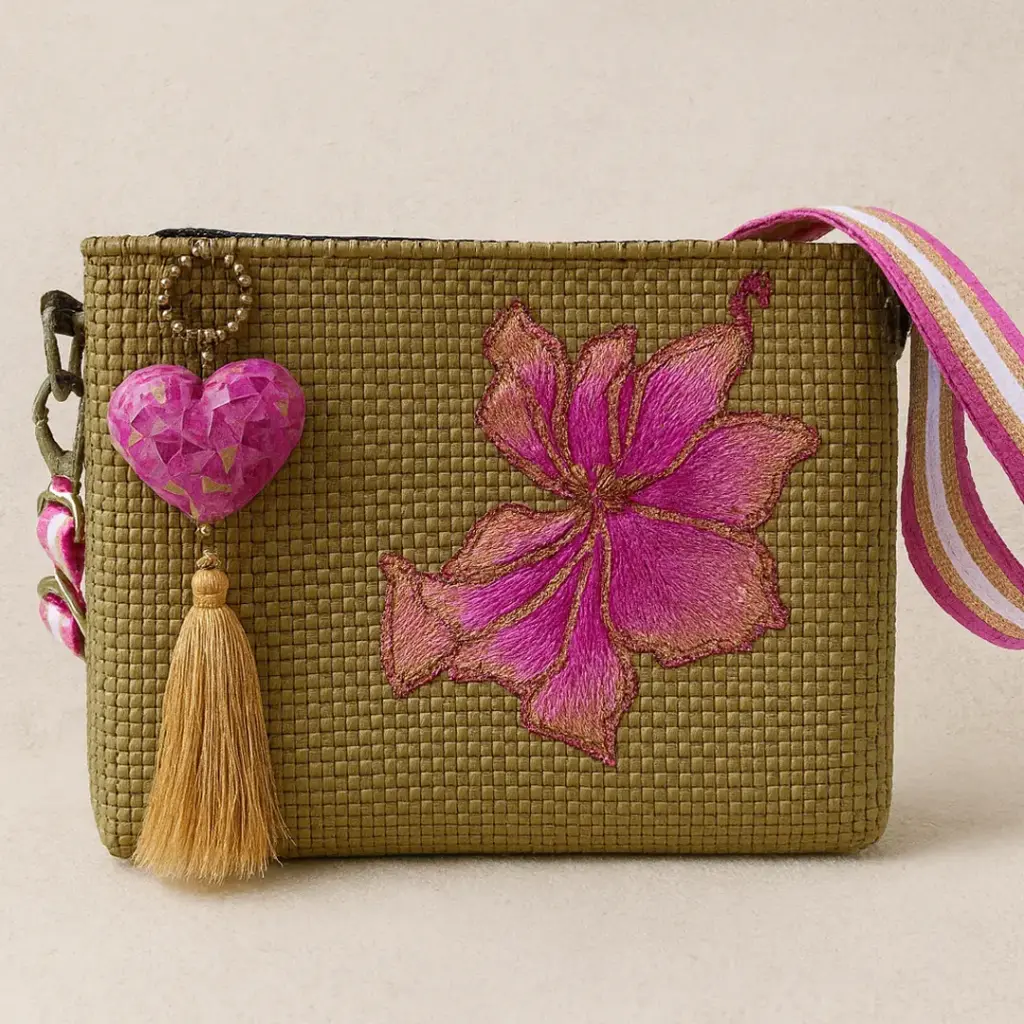 Bolsa Artesanal Yitin Ánuá – Flor Magenta en Dorado (Crossbody)
