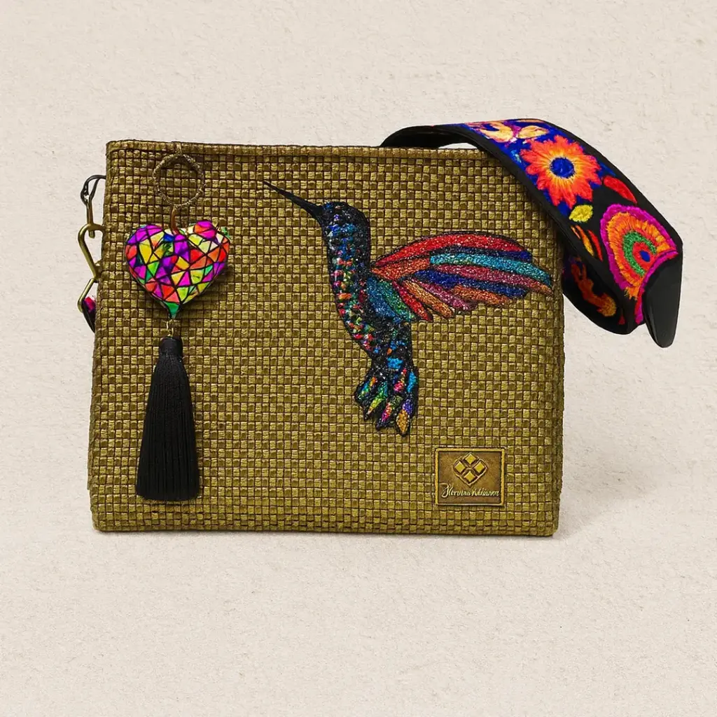 Bolsa Artesanal Yitin Ánuá – Colibrí Multicolor en Dorado (Crossbody)