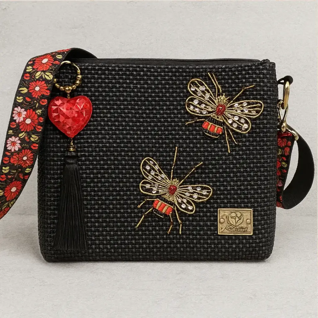 Bolsa Artesanal Yitin Ánuá – Abejas Doradas en Negro (Crossbody)
