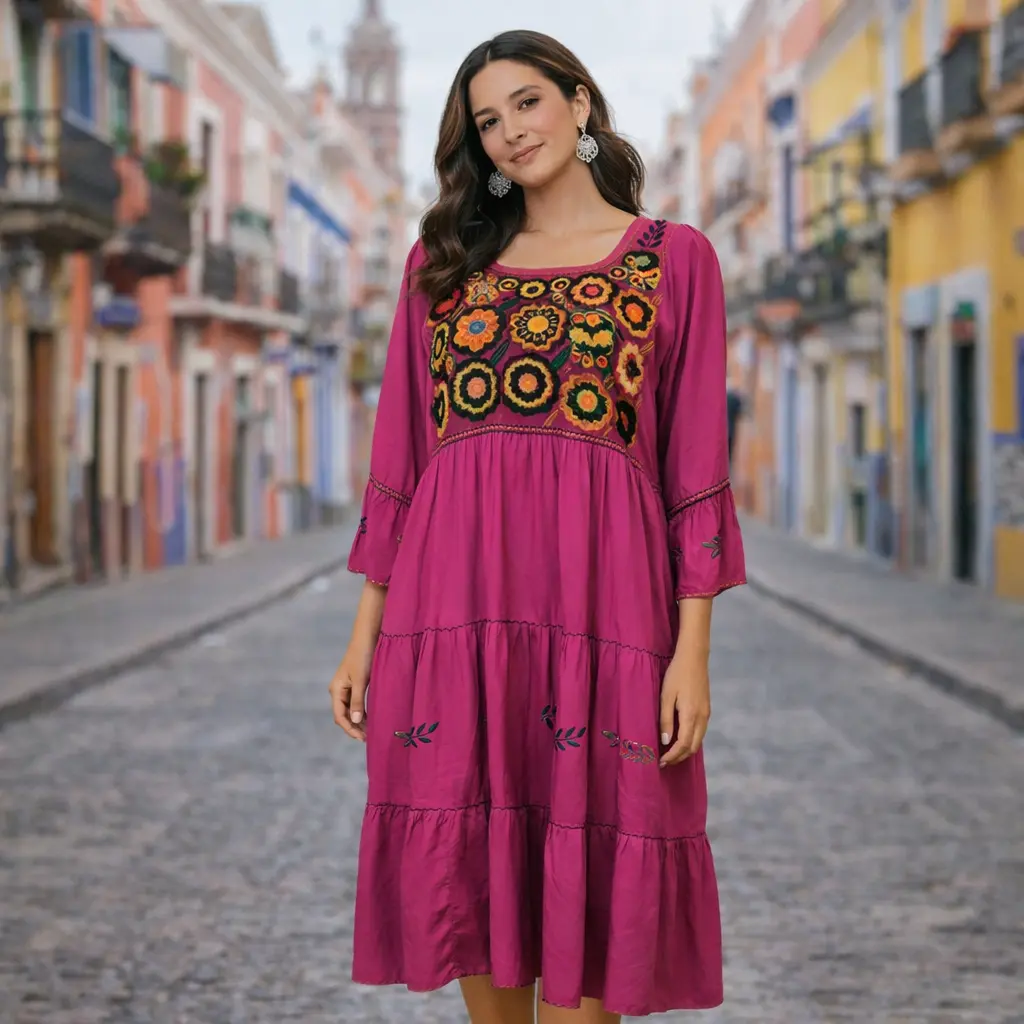 Vestido “Rosa del Sol” – Bordado artesanal de Chiapas