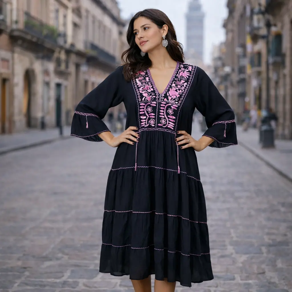 Vestido “Noches de Jacaranda” – Bordado artesanal de Oaxaca
