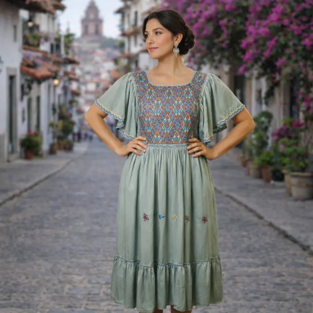 Vestido “Raíces del Alba” – Bordado artesanal de Chiapas (Verde Salvia)