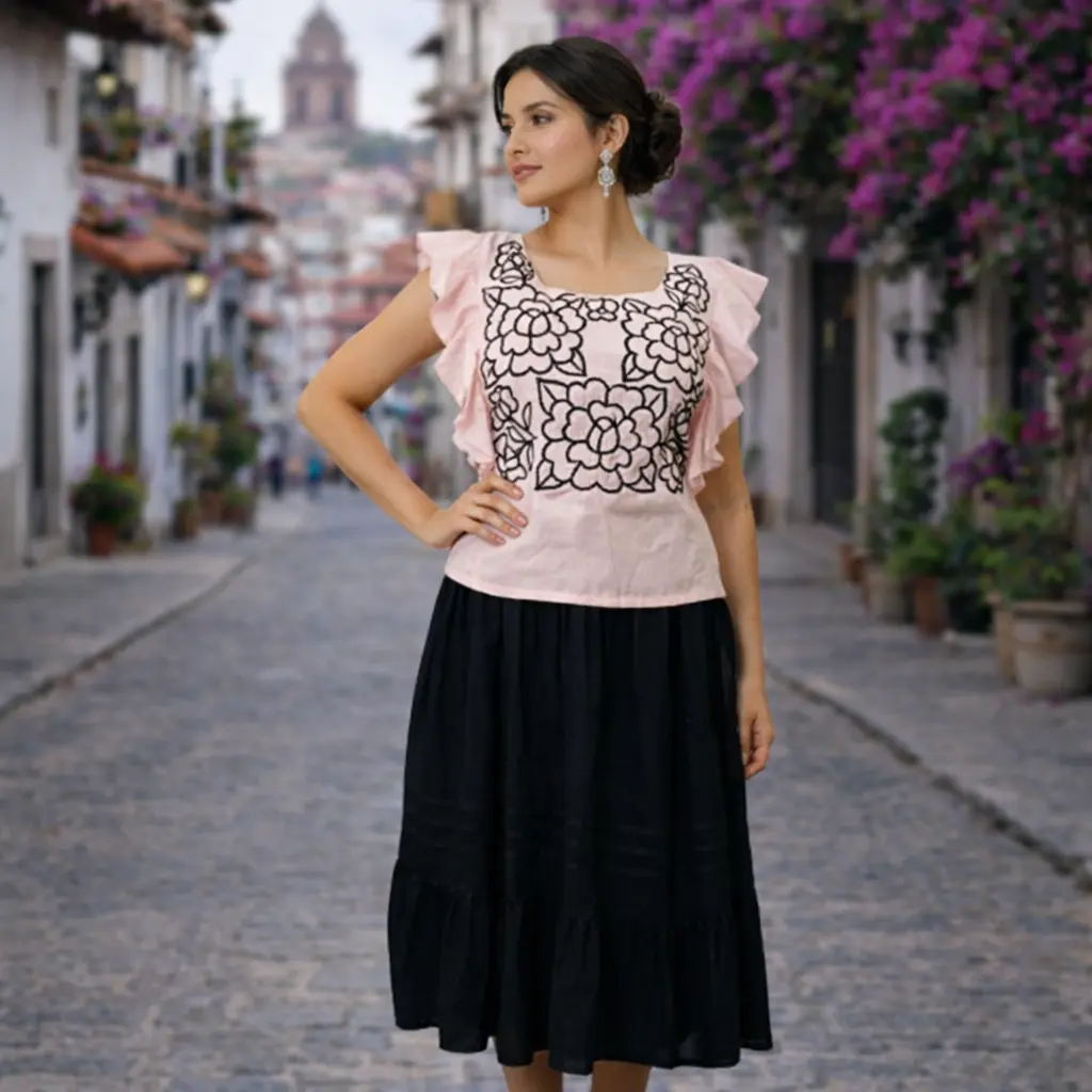 Conjunto “Flores del Amanecer” – lino artesanal bordado de Oaxaca