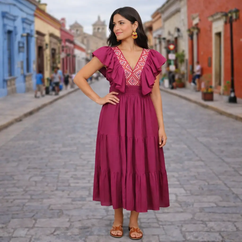 Vestido “Bugambilia de Chiapas” –  Bordado en Telar de Cintura (Bugambilia)