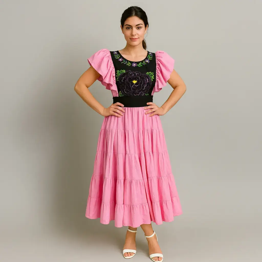 Vestido “Rosa Encantada” – Artesanal con Bordado de Oaxaca