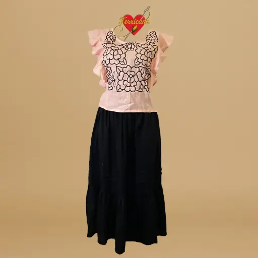 Conjunto “Flores del Amanecer” – lino artesanal bordado de Oaxaca