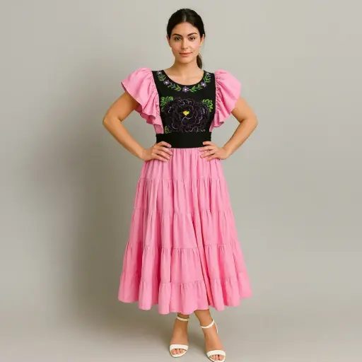 Vestido “Rosa Encantada” – Artesanal con Bordado de Oaxaca