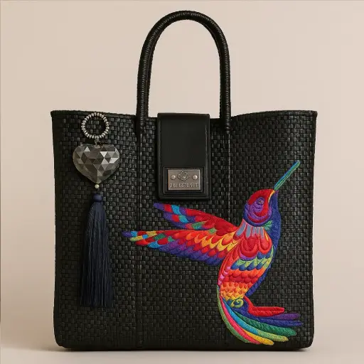 Bolsa Artesanal Yitin Ánuá – Colibrí Multicolor en Negro