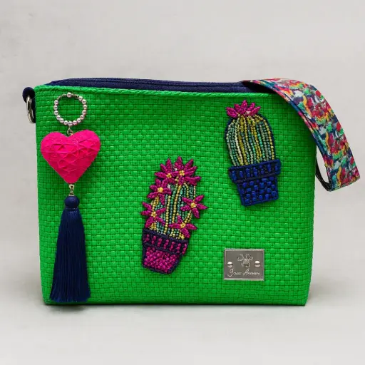 Bolsa Artesanal Yitin Ánuá – Cactus Multicolor en Verde (Crossbody)