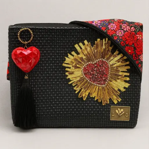 Bolsa Artesanal Yitin Ánuá – Corazón Dorado en Negro (Crossbody)