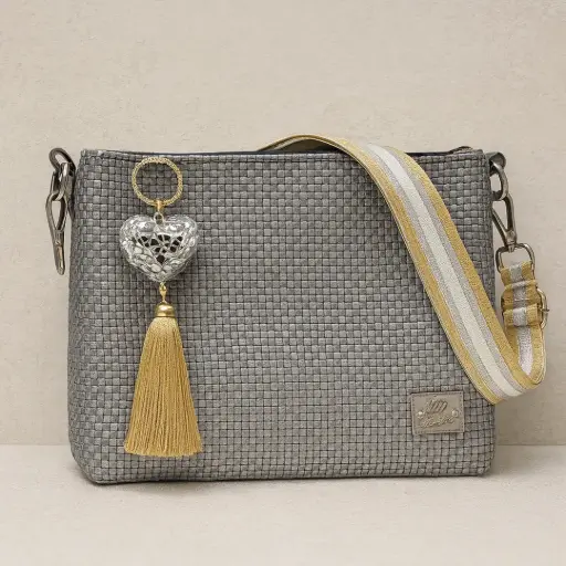 Bolsa Artesanal Yitin Ánuá – Gris Perla con Dije Plateado (Crossbody)