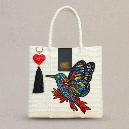 Bolsa Artesanal Yitin Ánuá – Colibrí Vitral en Blanco