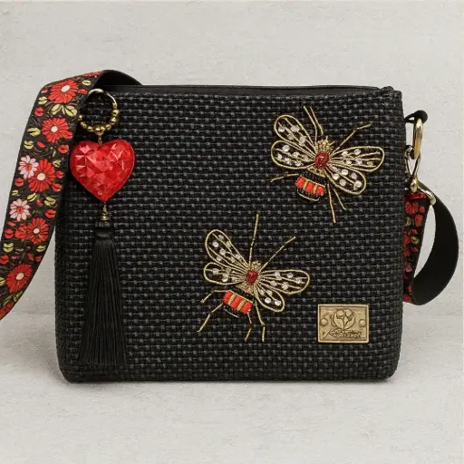 Bolsa Artesanal Yitin Ánuá – Abejas Doradas en Negro (Crossbody)